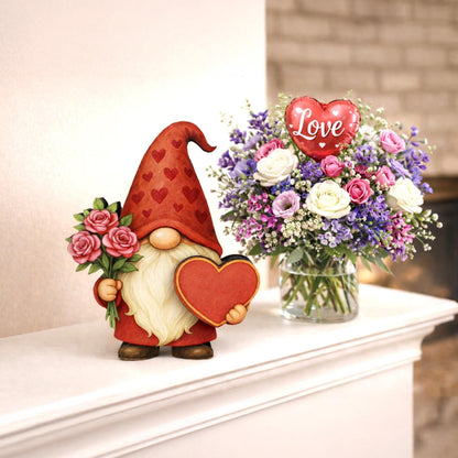 Valentine Gnome Shelf Sitter – Personalized Heart, Wooden Mantel & Tiered Tray Decor