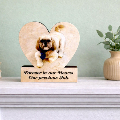 Custom Heart Shaped Pet Memorial Photo Shelf Sitter – Personalized Name Base, Dog/Cat Mantel Decor Using Your Favorite Photo