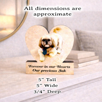 Custom Heart Shaped Pet Memorial Photo Shelf Sitter – Personalized Name Base, Dog/Cat Mantel Decor Using Your Favorite Photo