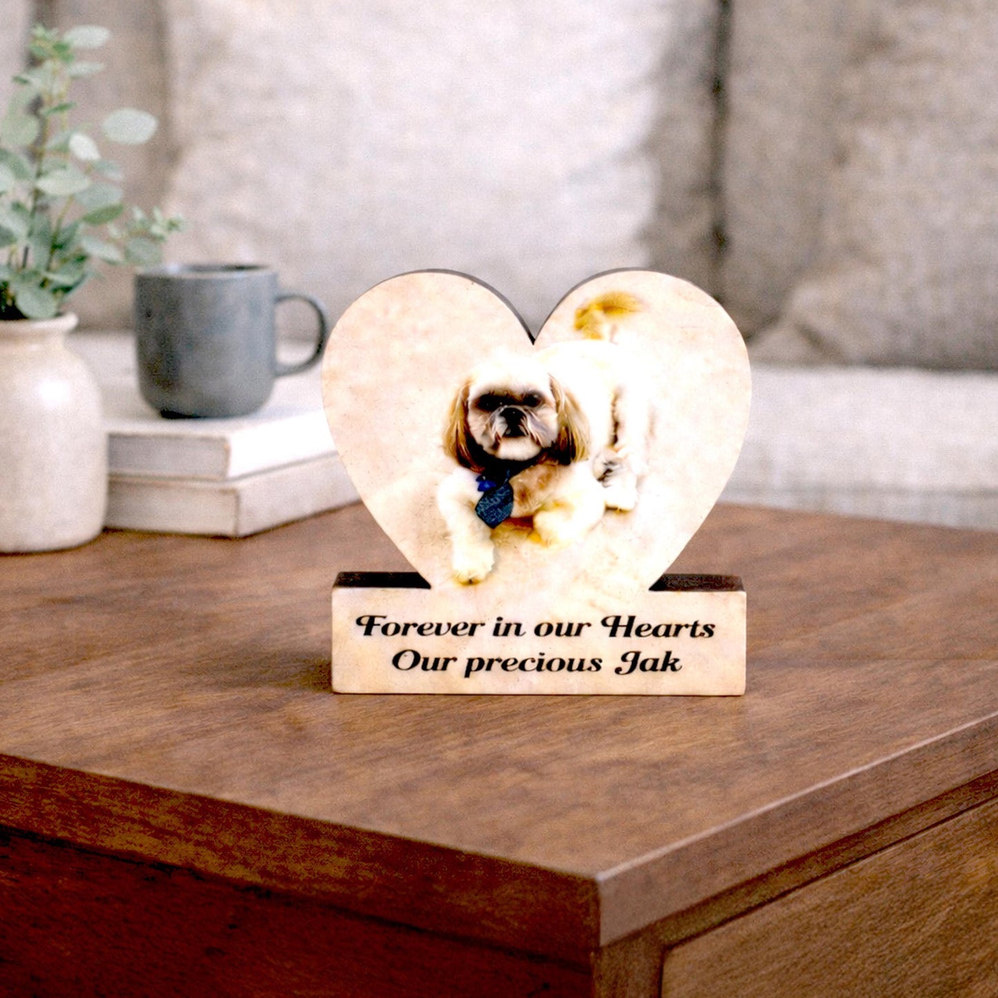 Custom Heart Shaped Pet Memorial Photo Shelf Sitter – Personalized Name Base, Dog/Cat Mantel Decor Using Your Favorite Photo