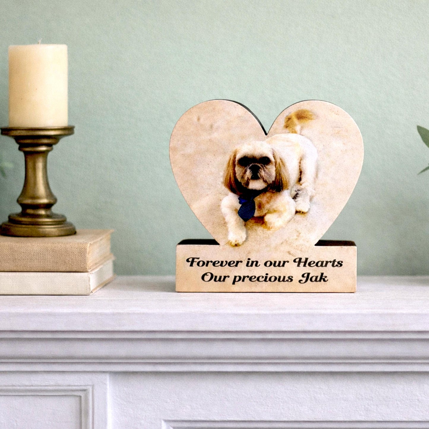Custom Heart Shaped Pet Memorial Photo Shelf Sitter – Personalized Name Base, Dog/Cat Mantel Decor Using Your Favorite Photo