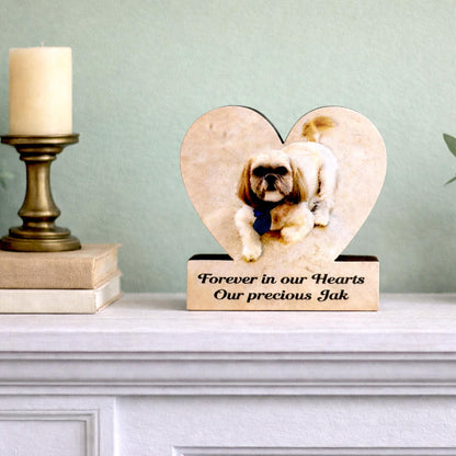 Custom Heart Shaped Pet Memorial Photo Shelf Sitter – Personalized Name Base, Dog/Cat Mantel Decor Using Your Favorite Photo