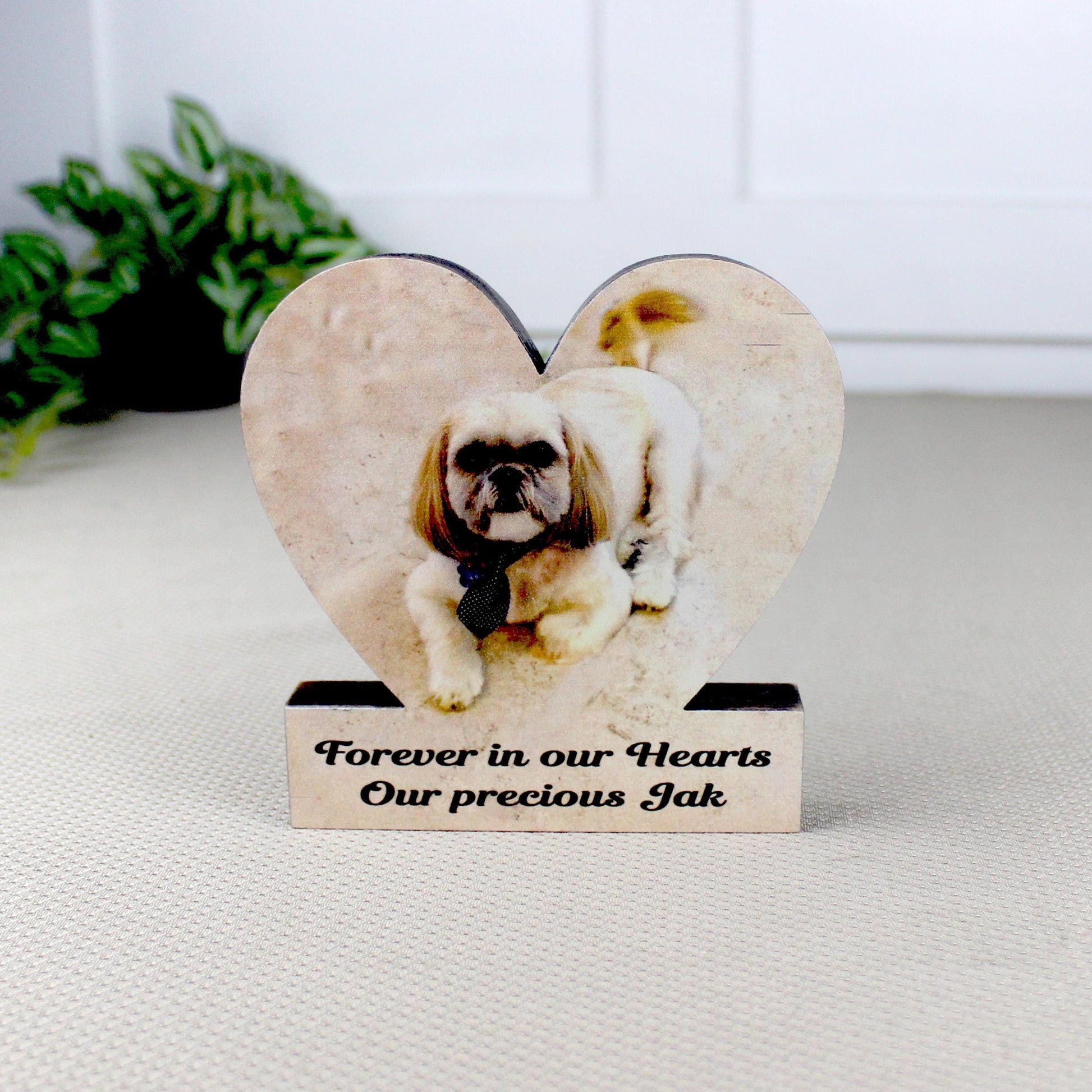 Custom Heart Shaped Pet Memorial Photo Shelf Sitter – Personalized Name Base, Dog/Cat Mantel Decor Using Your Favorite Photo