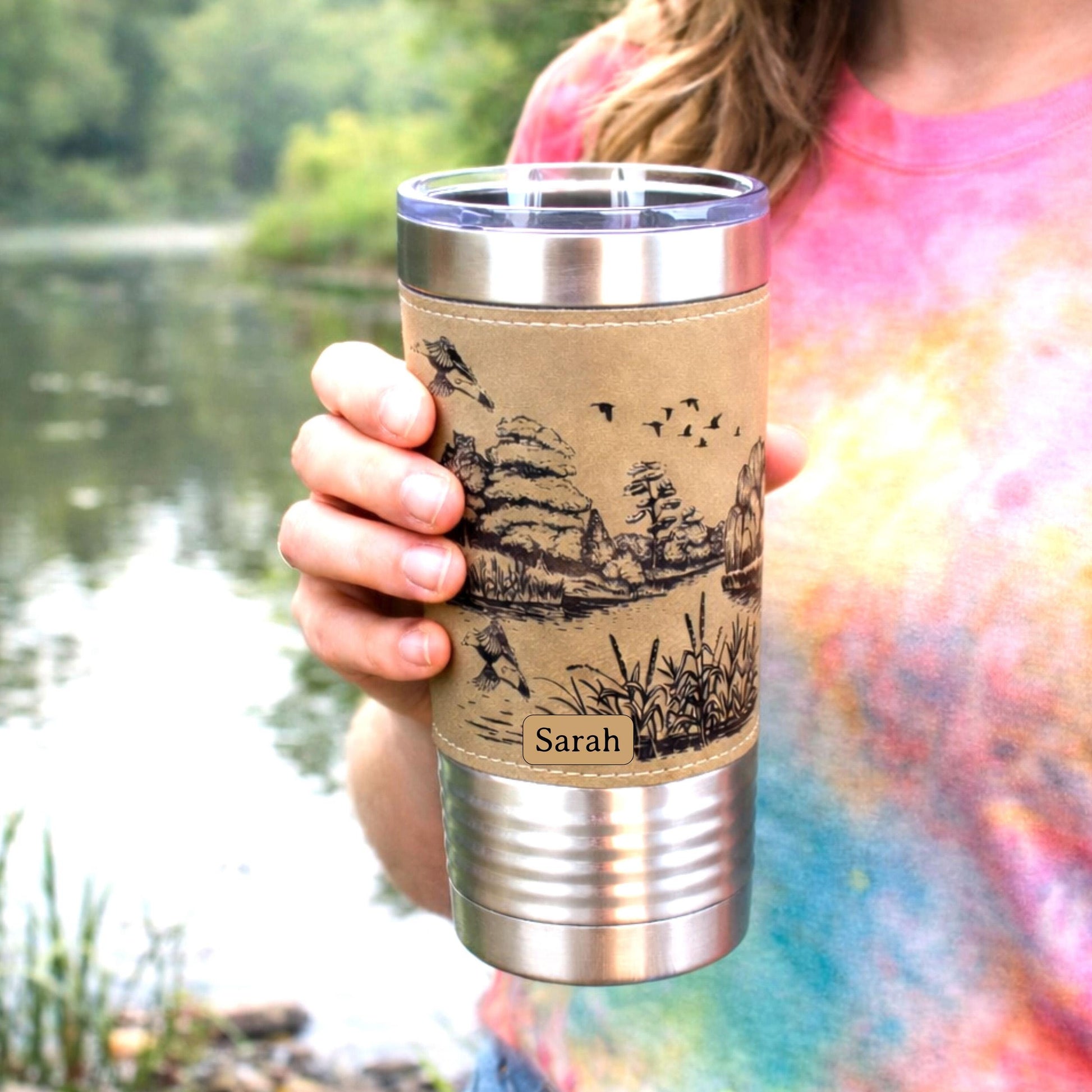 Duck Pond Engraved Travel Tumbler – Personalized Leatherette Wrap, Perfect Gift for Hunters or Duck Lovers