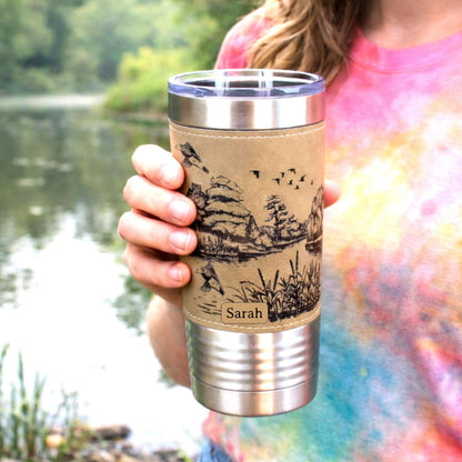 Duck Pond Engraved Travel Tumbler – Personalized Leatherette Wrap, Perfect Gift for Hunters or Duck Lovers