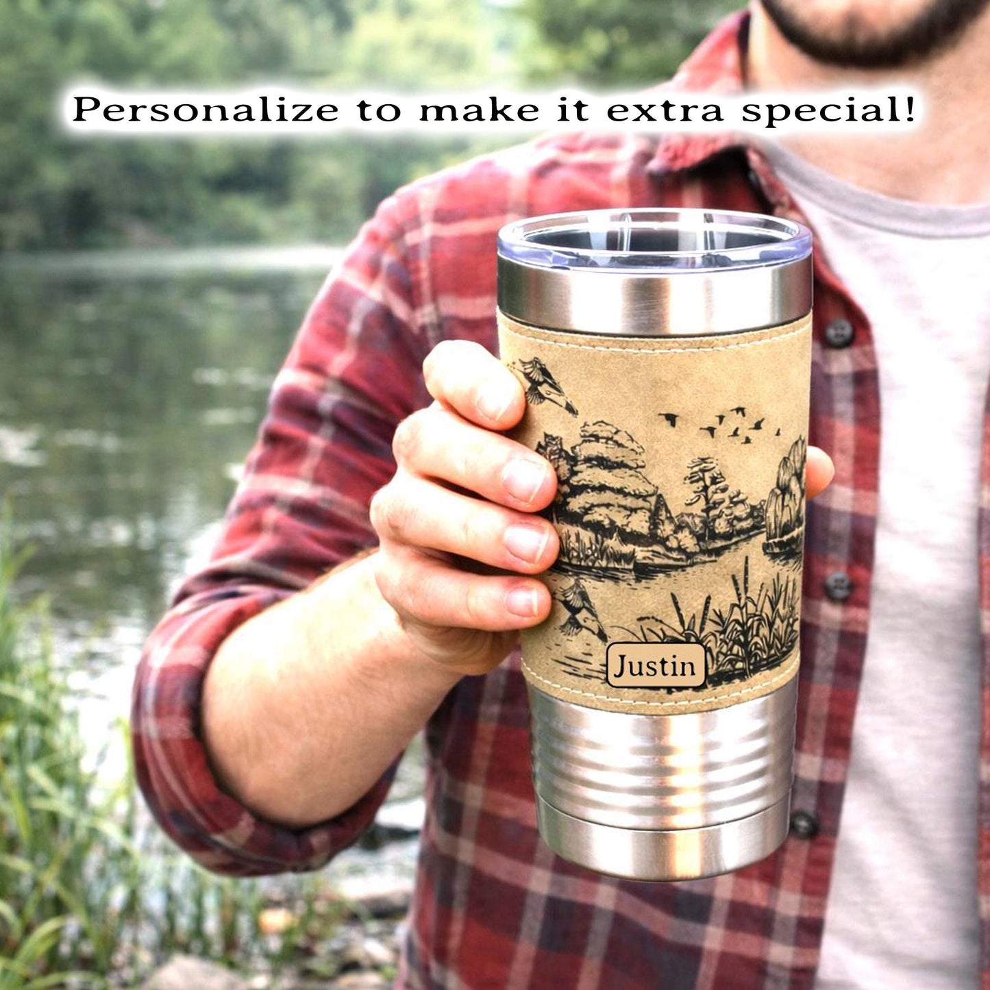 Duck Pond Engraved Travel Tumbler – Personalized Leatherette Wrap, Perfect Gift for Hunters or Duck Lovers