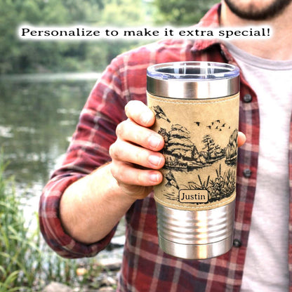 Duck Pond Engraved Travel Tumbler – Personalized Leatherette Wrap, Perfect Gift for Hunters or Duck Lovers