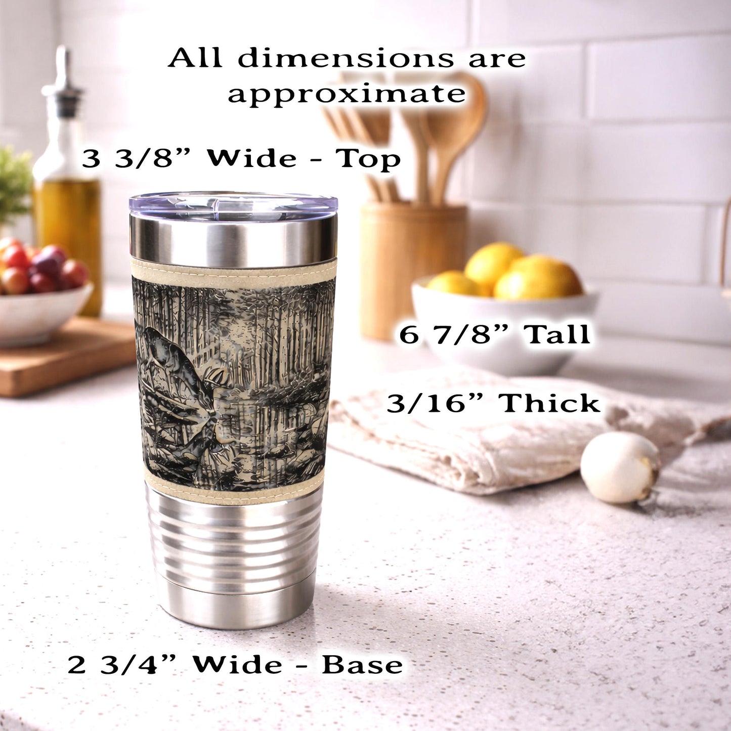 Deer Reflection Travel Tumbler – Personalized Leatherette Wrap, Buck & Stream Art, Perfect Gift for Dad