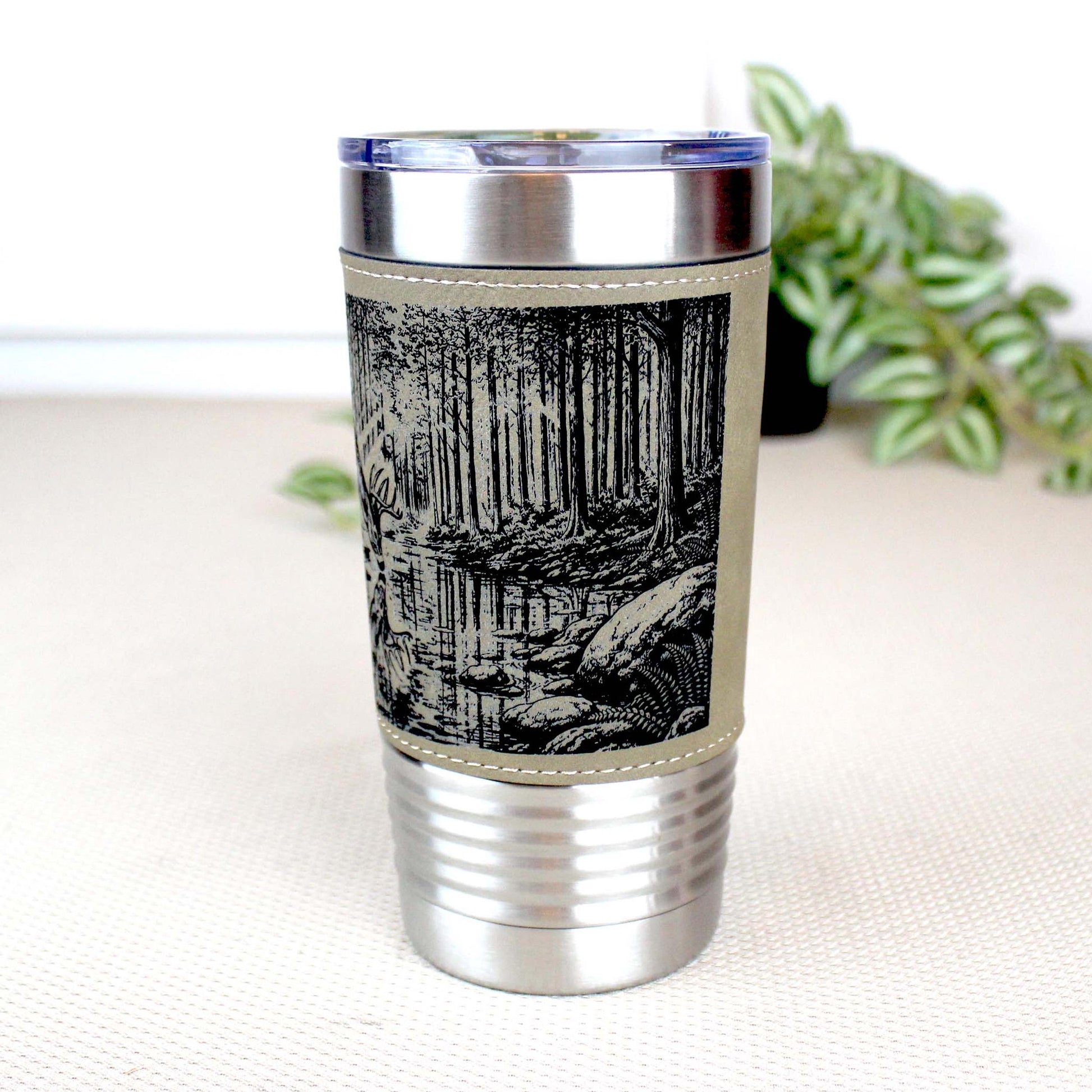 Deer Reflection Travel Tumbler – Personalized Leatherette Wrap, Buck & Stream Art, Perfect Gift for Dad