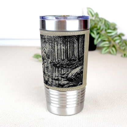 Deer Reflection Travel Tumbler – Personalized Leatherette Wrap, Buck & Stream Art, Perfect Gift for Dad