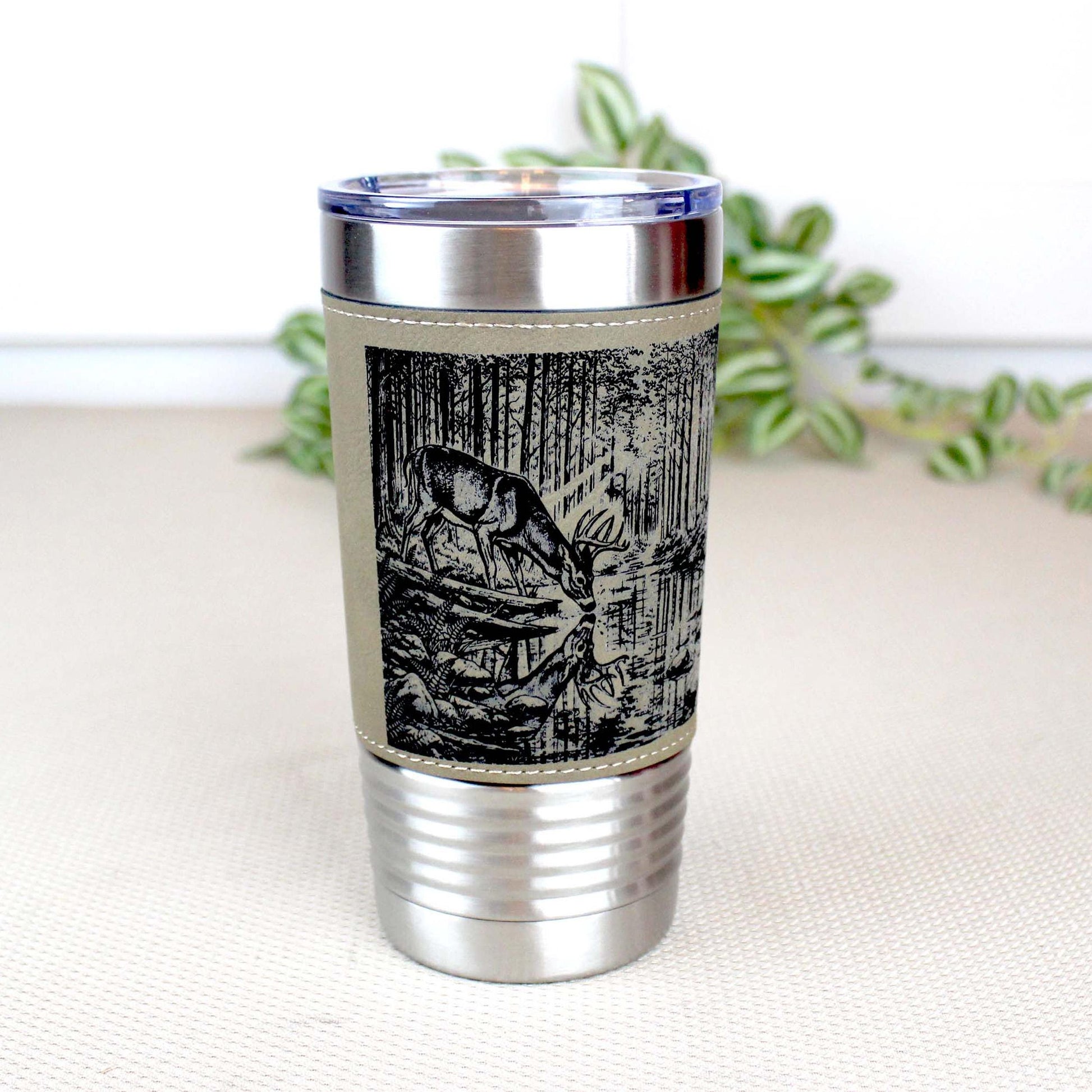 Deer Reflection Travel Tumbler – Personalized Leatherette Wrap, Buck & Stream Art, Perfect Gift for Dad