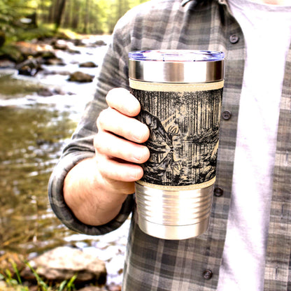 Deer Reflection Travel Tumbler – Personalized Leatherette Wrap, Buck & Stream Art, Perfect Gift for Dad
