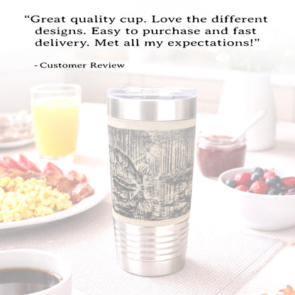 Deer Reflection Travel Tumbler – Personalized Leatherette Wrap, Buck & Stream Art, Perfect Gift for Dad