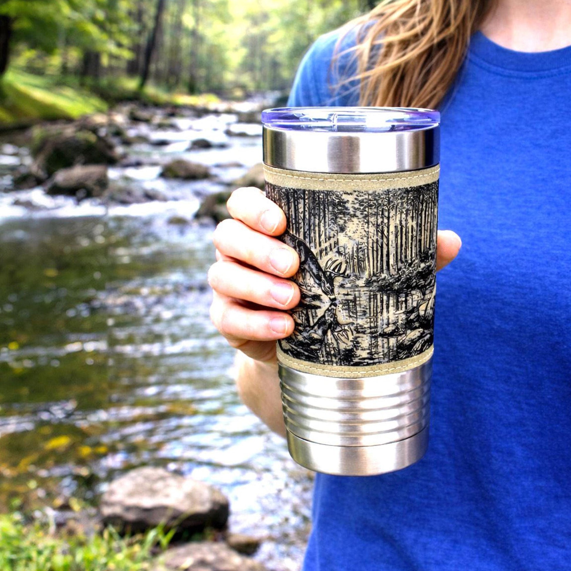 Deer Reflection Travel Tumbler – Personalized Leatherette Wrap, Buck & Stream Art, Perfect Gift for Dad