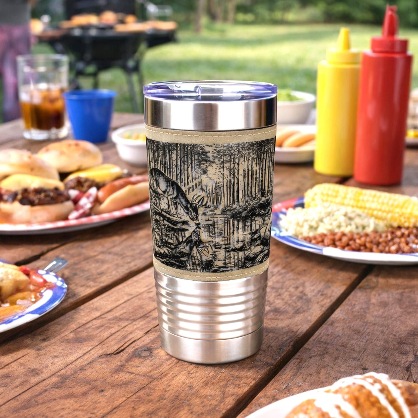 Deer Reflection Travel Tumbler – Personalized Leatherette Wrap, Buck & Stream Art, Perfect Gift for Dad