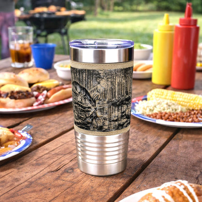 Deer Reflection Travel Tumbler – Personalized Leatherette Wrap, Buck & Stream Art, Perfect Gift for Dad