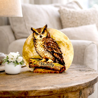 Personalized Owl and Full Moon Wood Shelf Sitter – Personalized Mantel, Shelf and Tiered Tray Decor