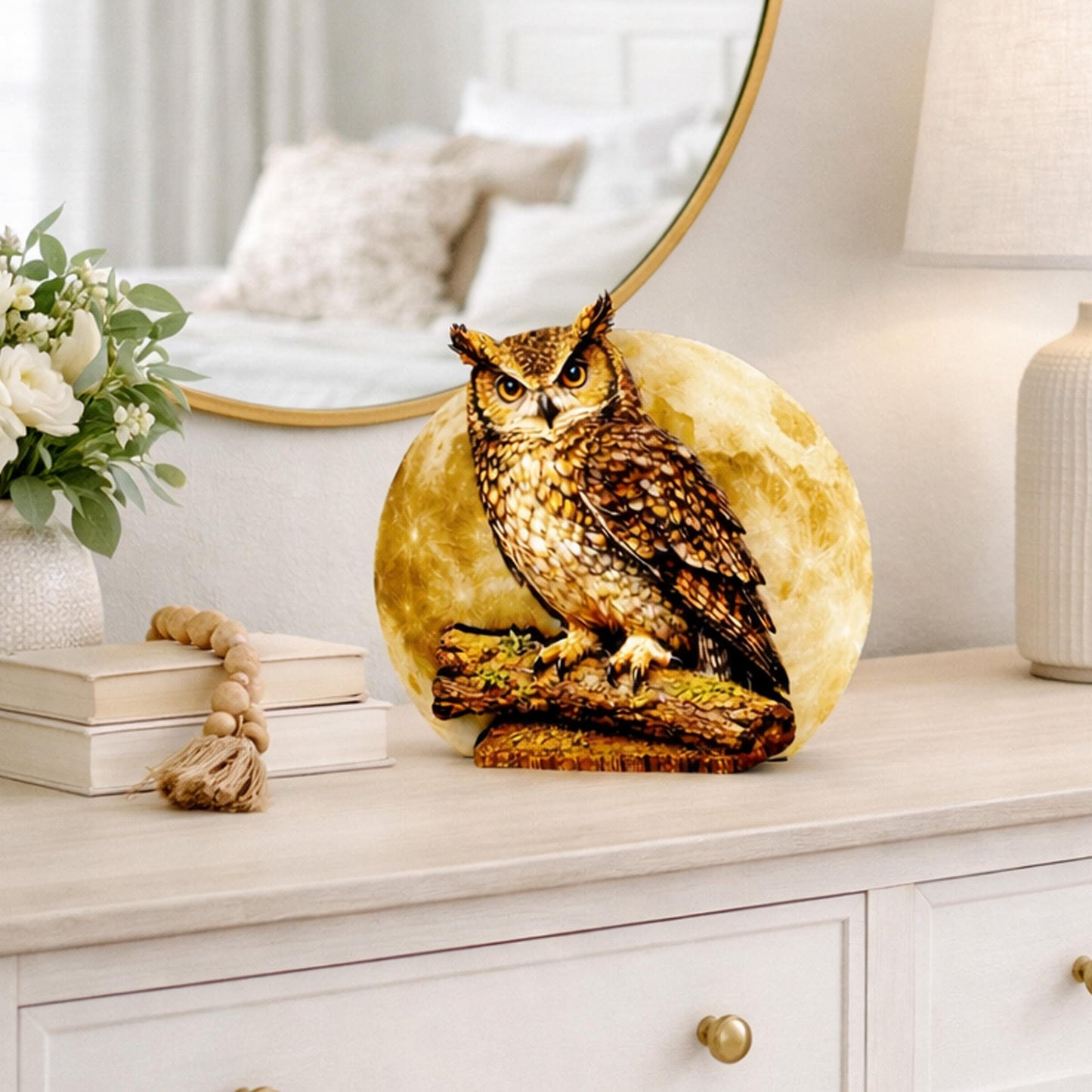 Personalized Owl and Full Moon Wood Shelf Sitter – Personalized Mantel, Shelf and Tiered Tray Decor