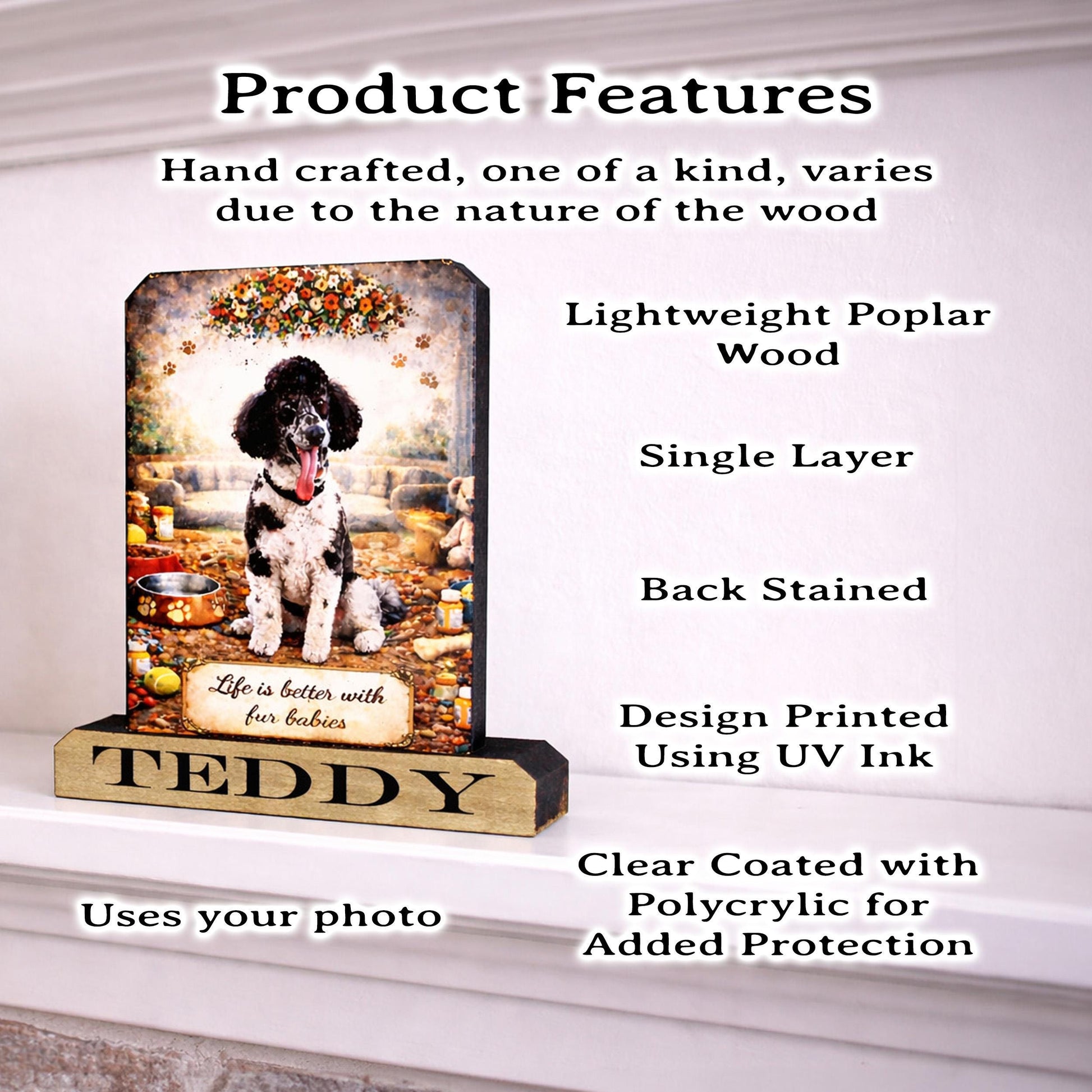 Custom Pet Photo Shelf Sitter – Personalized Name Base, Dog/Cat Mantel Decor Using Your Favorite Photo