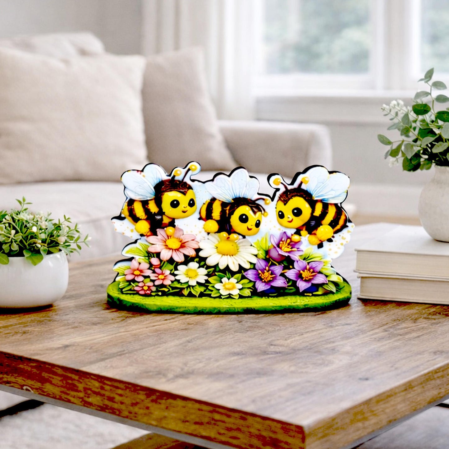 Personalized Bees and Spring Flowers Shelf Sitter – Custom Name, Wooden Bumble Bee Mantel & Tiered Tray Decor