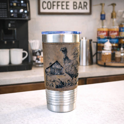 Personalized Turkey Farm Travel Tumbler – Engraved Leatherette Wrap – Custom Name, Perfect Hunter and Father's Day Gift