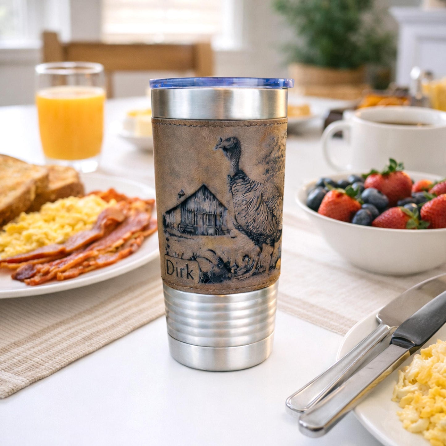 Personalized Turkey Farm Travel Tumbler – Engraved Leatherette Wrap – Custom Name, Perfect Hunter and Father's Day Gift