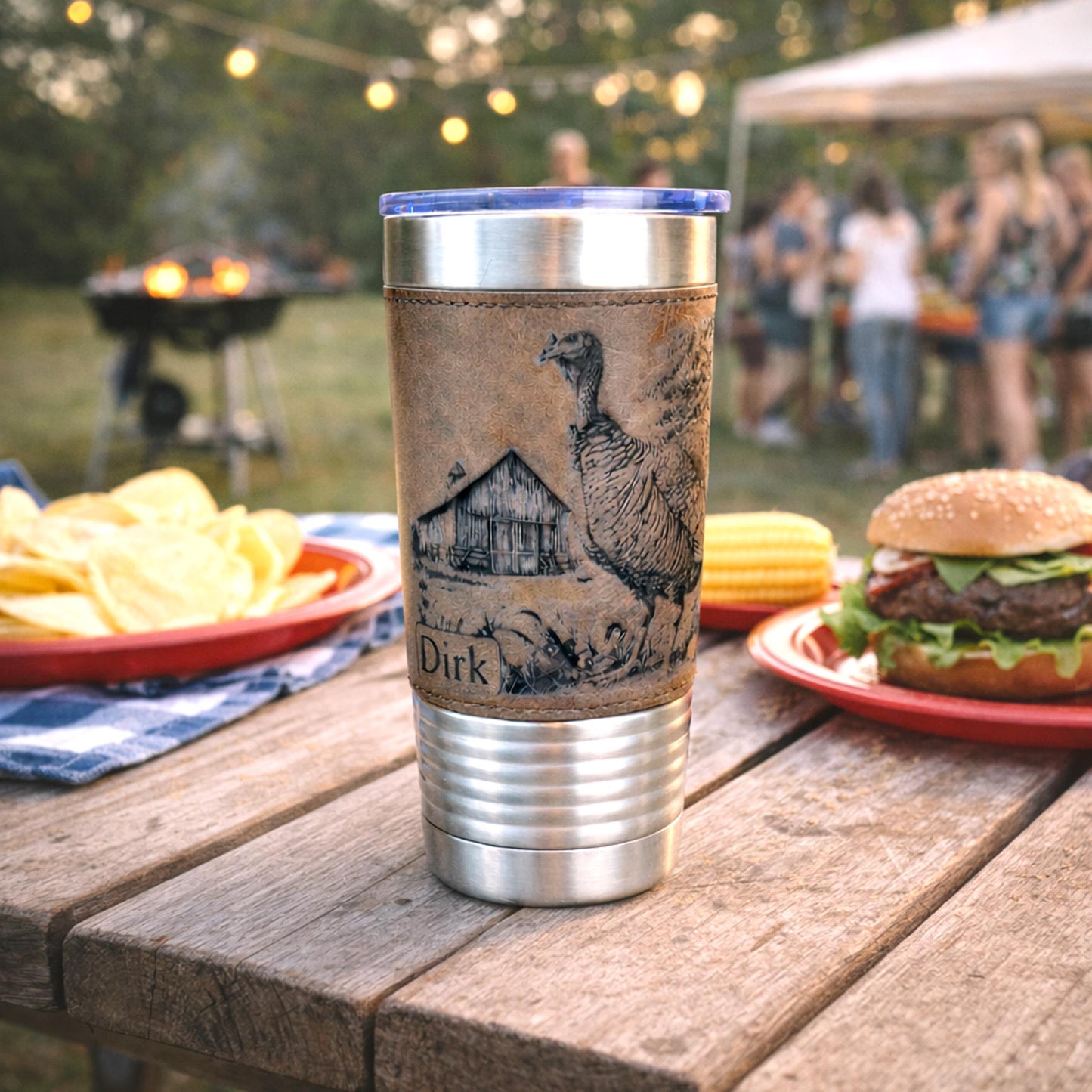 Personalized Turkey Farm Travel Tumbler – Engraved Leatherette Wrap – Custom Name, Perfect Hunter and Father's Day Gift