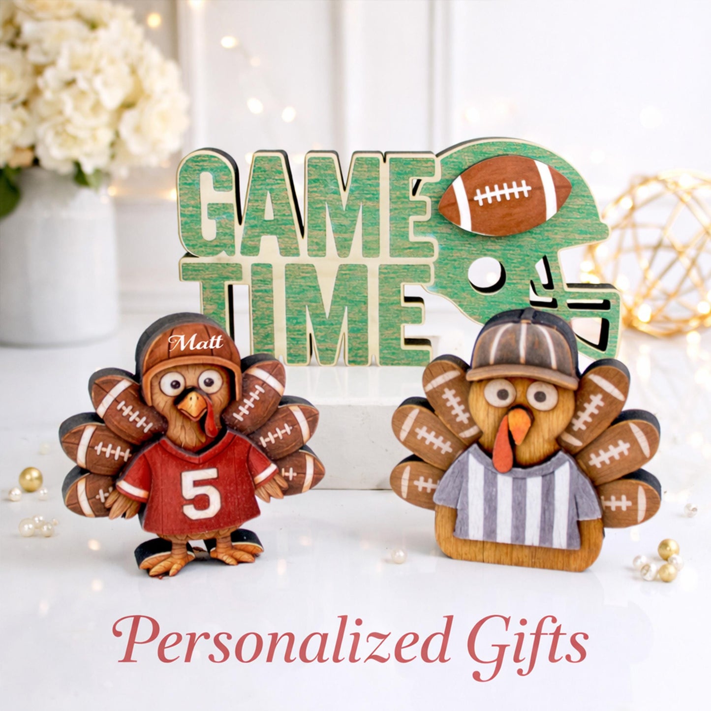Football Turkey Shelf Sitter Set – Personalized Jersey, Game Time Decor