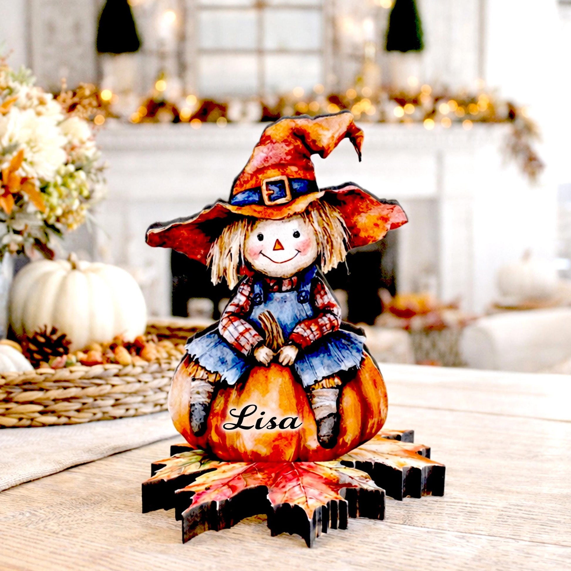 Personalized Fall Scarecrow Shelf Sitter – Solid Pine Wood, Autumn Decor