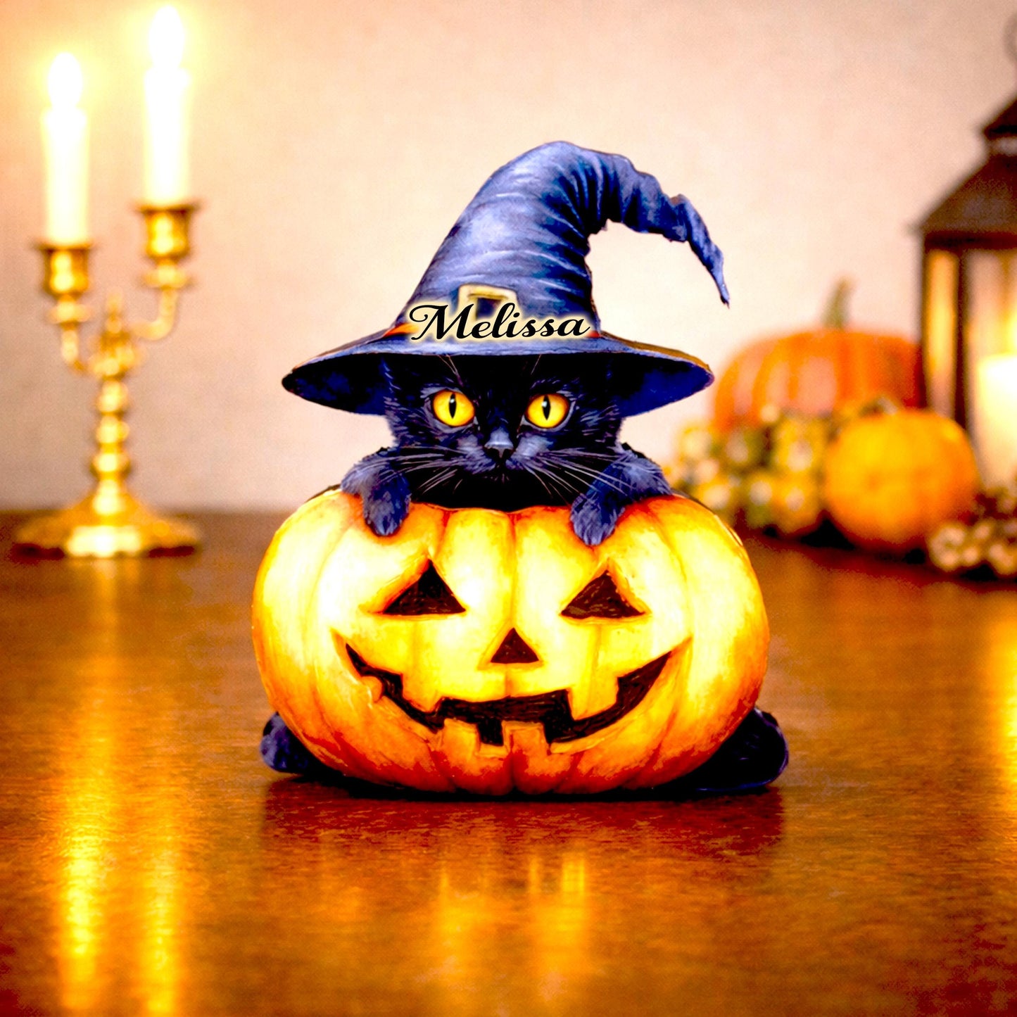 Personalized Halloween Black Cat Shelf Sitter, Whimsical Fall Decor