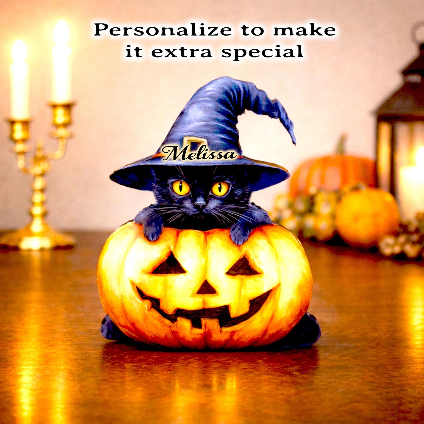 Personalized Halloween Black Cat Shelf Sitter, Whimsical Fall Decor