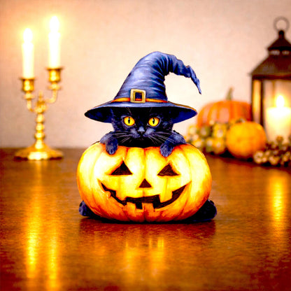 Personalized Halloween Black Cat Shelf Sitter, Whimsical Fall Decor