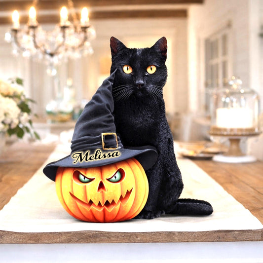 Personalized Halloween Pumpkin Shelf Sitter, Cat and Witch Hat Decor