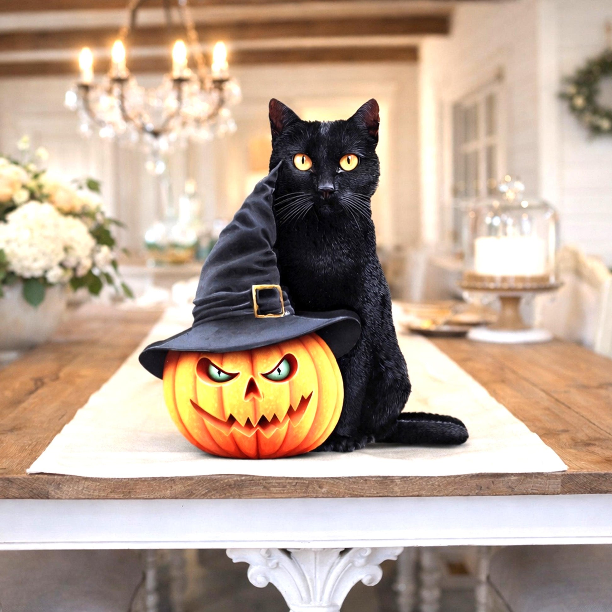 Personalized Halloween Pumpkin Shelf Sitter, Cat and Witch Hat Decor