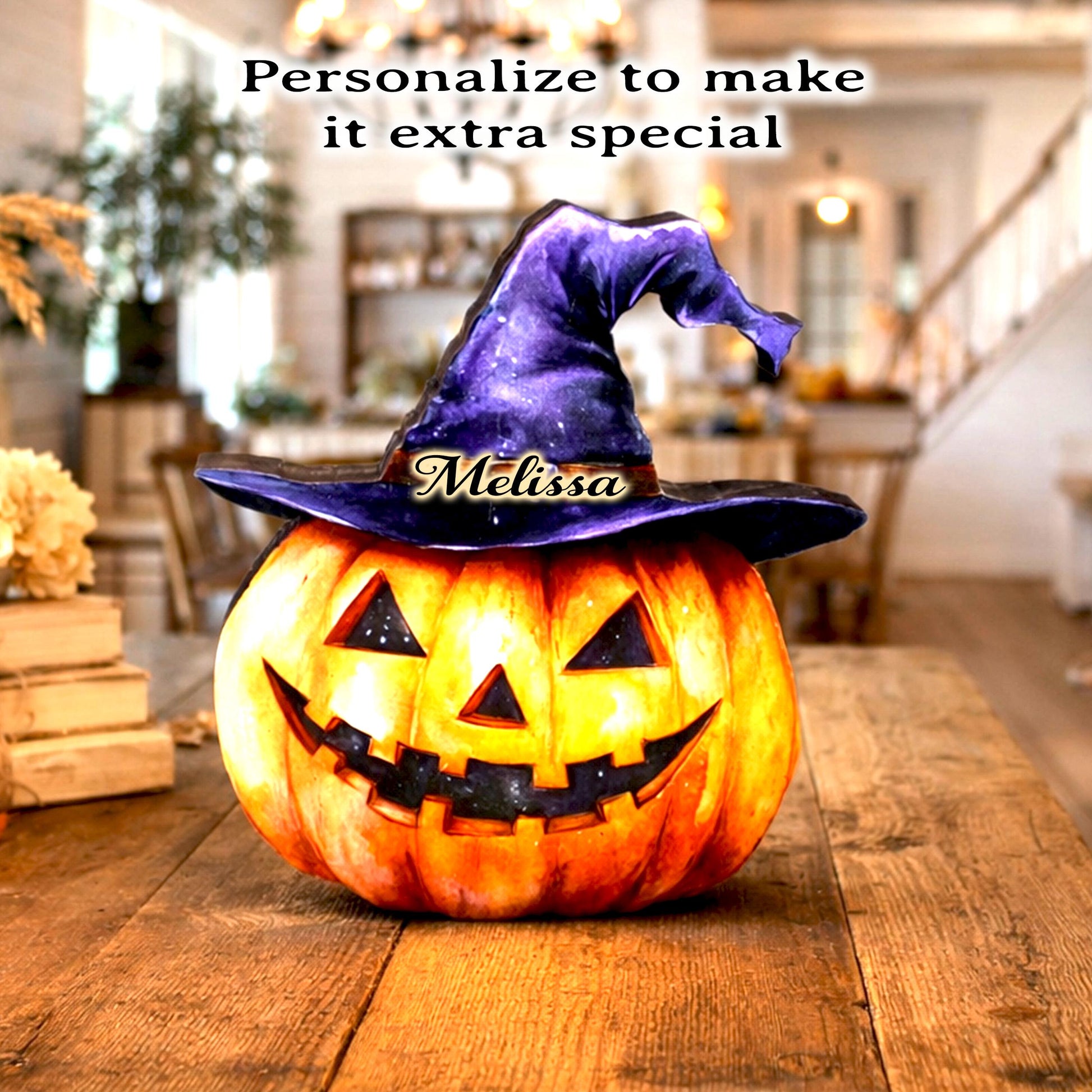 Personalized Halloween Pumpkin Shelf Sitter – Witch Hat Decor
