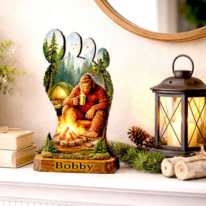 Personalized Multi-Layer Bigfoot Campfire Shelf Sitter – Sasquatch Cabin Decor – Custom Name, Wooden Bigfoot Mantel & Tiered Tray Decor