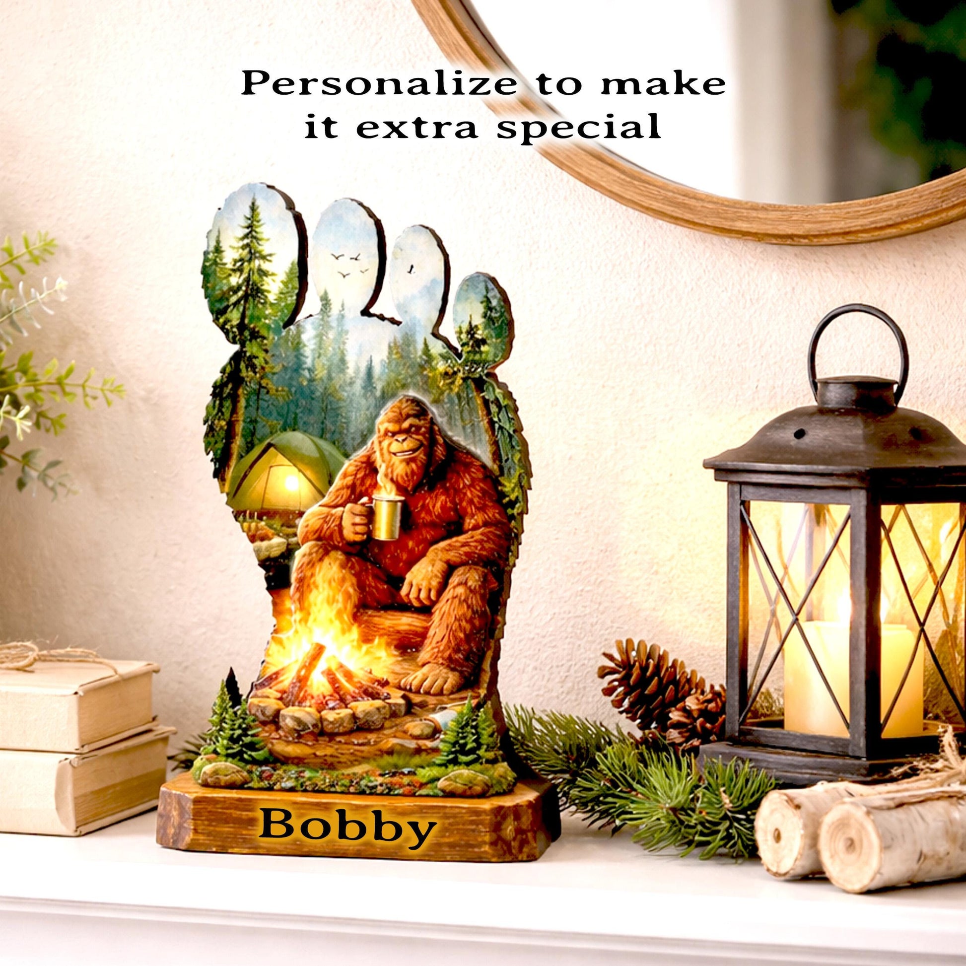 Personalized Multi-Layer Bigfoot Campfire Shelf Sitter – Sasquatch Cabin Decor – Custom Name, Wooden Bigfoot Mantel & Tiered Tray Decor