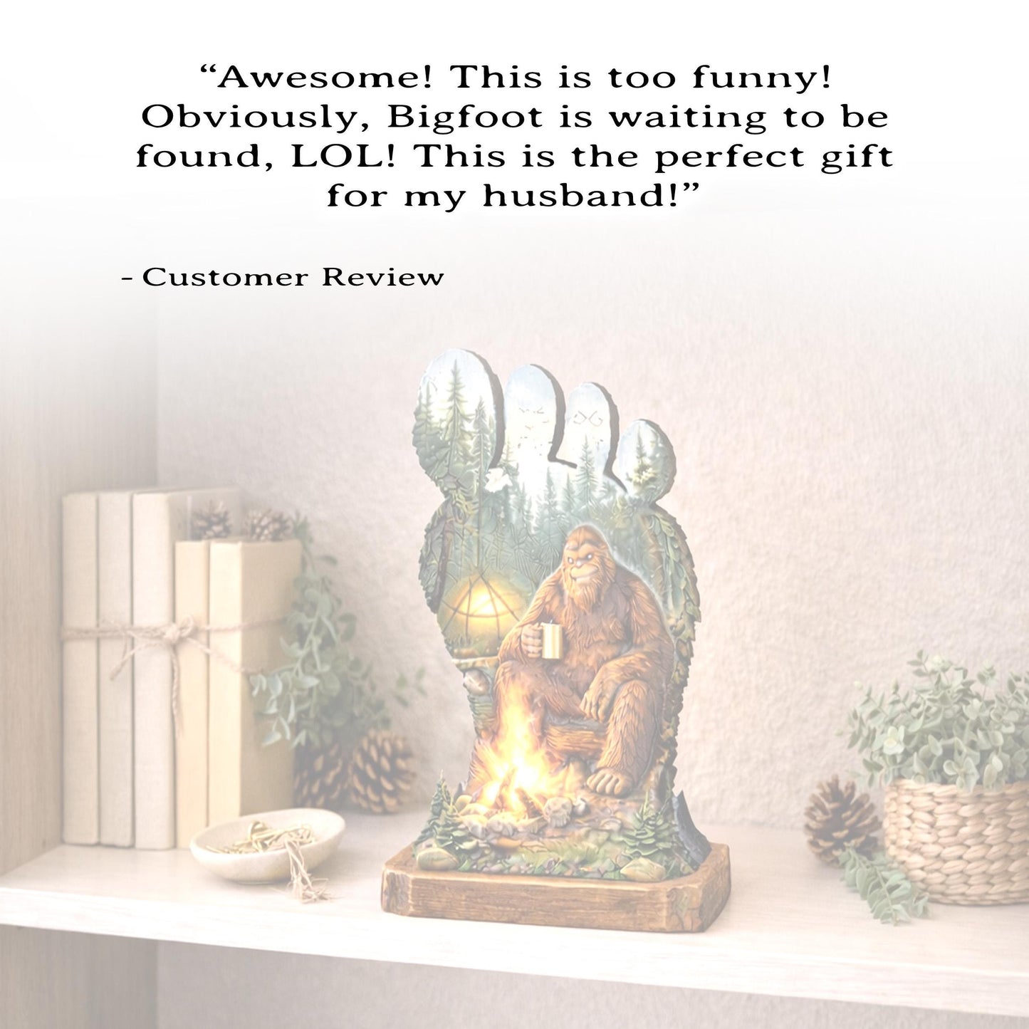 Personalized Multi-Layer Bigfoot Campfire Shelf Sitter – Sasquatch Cabin Decor – Custom Name, Wooden Bigfoot Mantel & Tiered Tray Decor