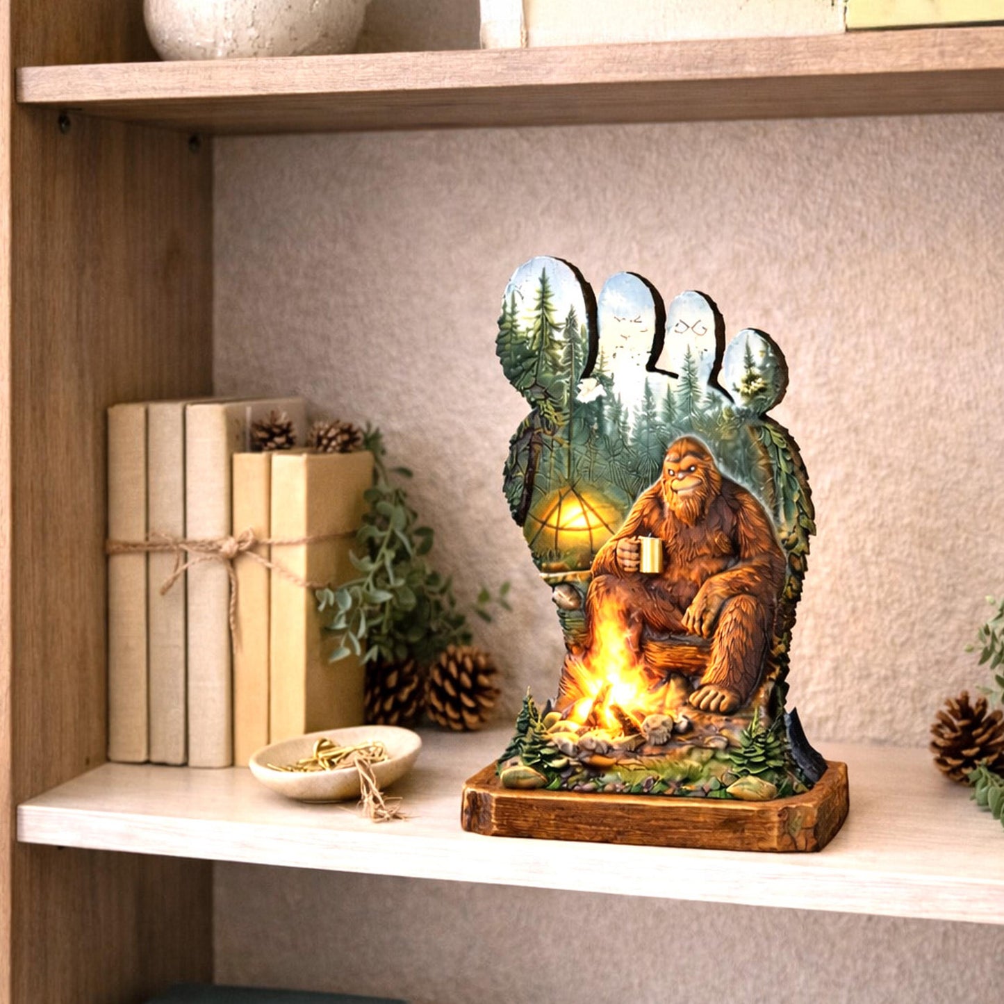 Personalized Multi-Layer Bigfoot Campfire Shelf Sitter – Sasquatch Cabin Decor – Custom Name, Wooden Bigfoot Mantel & Tiered Tray Decor