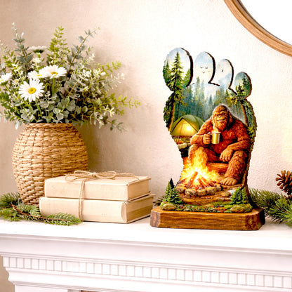 Personalized Multi-Layer Bigfoot Campfire Shelf Sitter – Sasquatch Cabin Decor – Custom Name, Wooden Bigfoot Mantel & Tiered Tray Decor