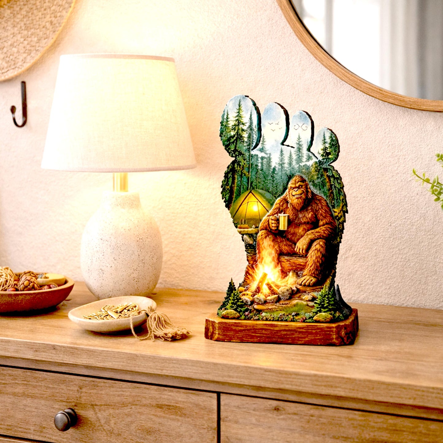 Personalized Multi-Layer Bigfoot Campfire Shelf Sitter – Sasquatch Cabin Decor – Custom Name, Wooden Bigfoot Mantel & Tiered Tray Decor
