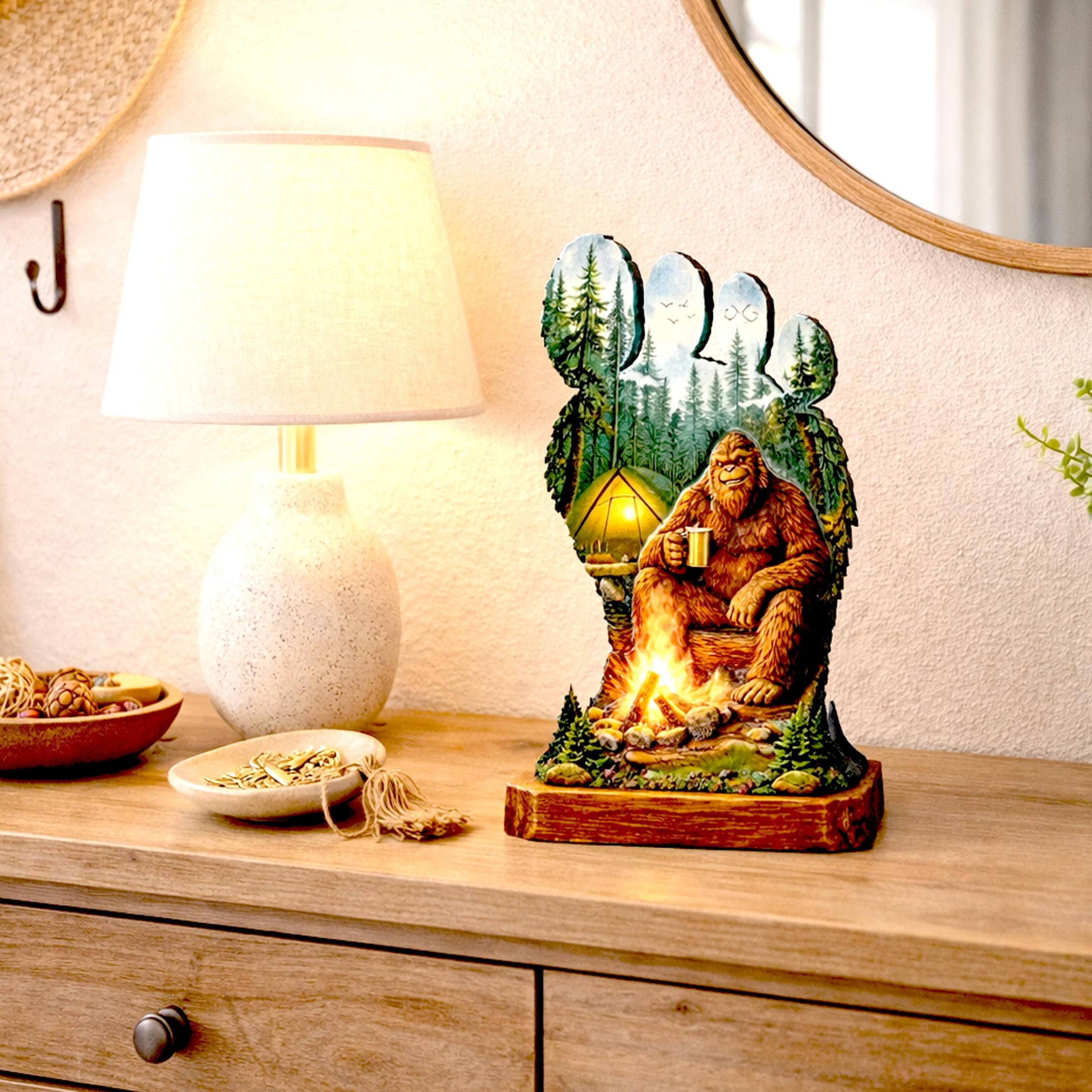 Personalized Multi-Layer Bigfoot Campfire Shelf Sitter – Sasquatch Cabin Decor – Custom Name, Wooden Bigfoot Mantel & Tiered Tray Decor