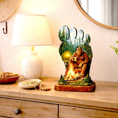 Personalized Multi-Layer Bigfoot Campfire Shelf Sitter – Sasquatch Cabin Decor – Custom Name, Wooden Bigfoot Mantel & Tiered Tray Decor