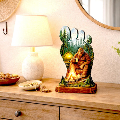 Personalized Multi-Layer Bigfoot Campfire Shelf Sitter – Sasquatch Cabin Decor – Custom Name, Wooden Bigfoot Mantel & Tiered Tray Decor