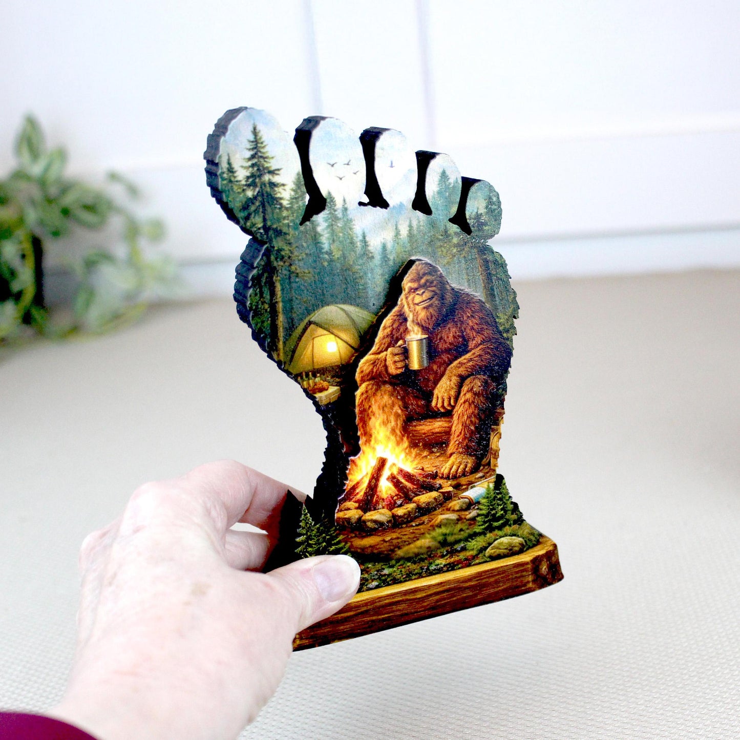 Personalized Multi-Layer Bigfoot Campfire Shelf Sitter – Sasquatch Cabin Decor – Custom Name, Wooden Bigfoot Mantel & Tiered Tray Decor
