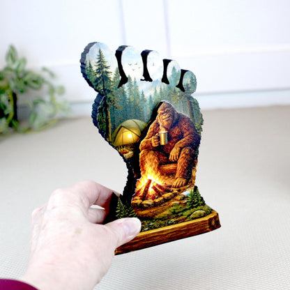 Personalized Multi-Layer Bigfoot Campfire Shelf Sitter – Sasquatch Cabin Decor – Custom Name, Wooden Bigfoot Mantel & Tiered Tray Decor