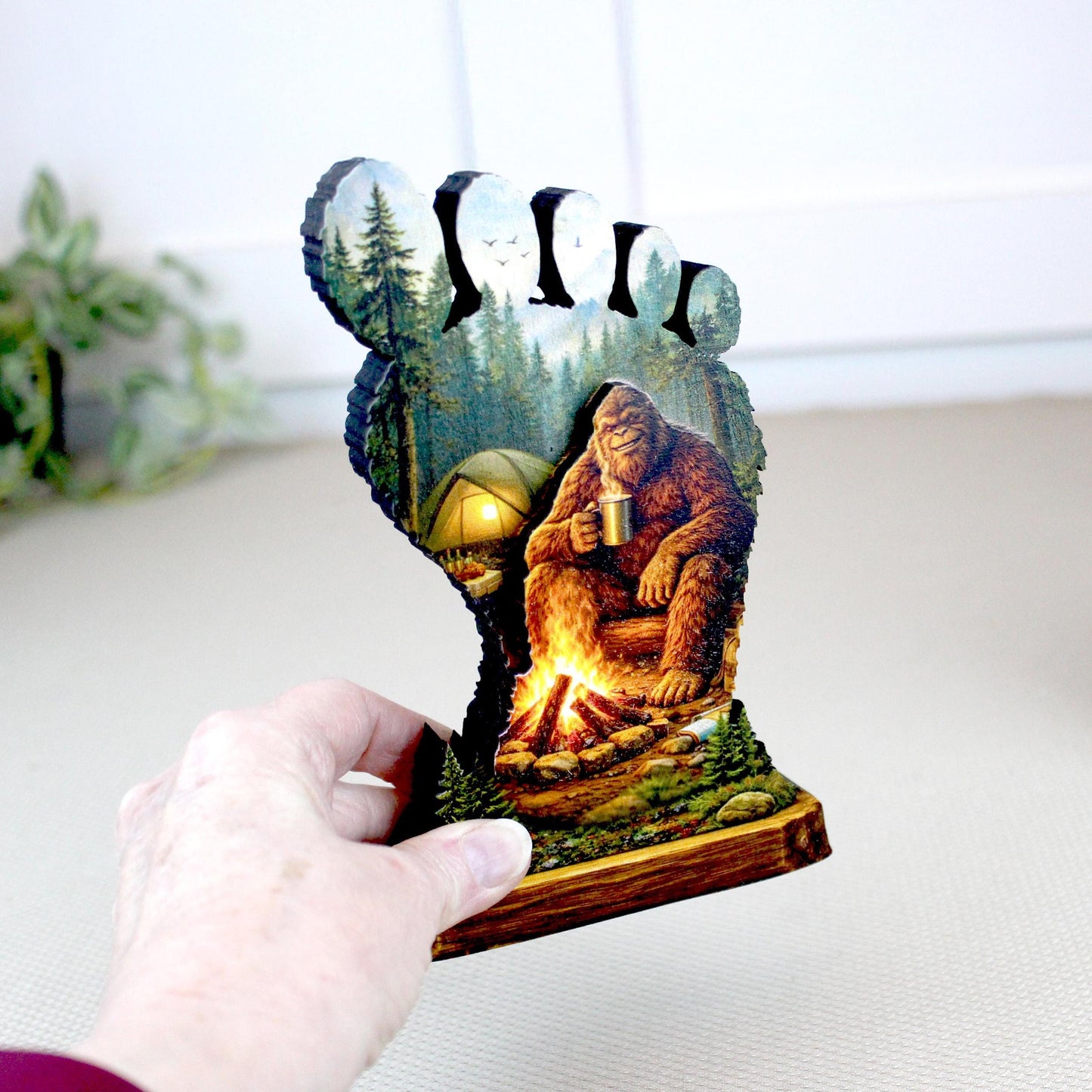 Personalized Multi-Layer Bigfoot Campfire Shelf Sitter – Sasquatch Cabin Decor – Custom Name, Wooden Bigfoot Mantel & Tiered Tray Decor