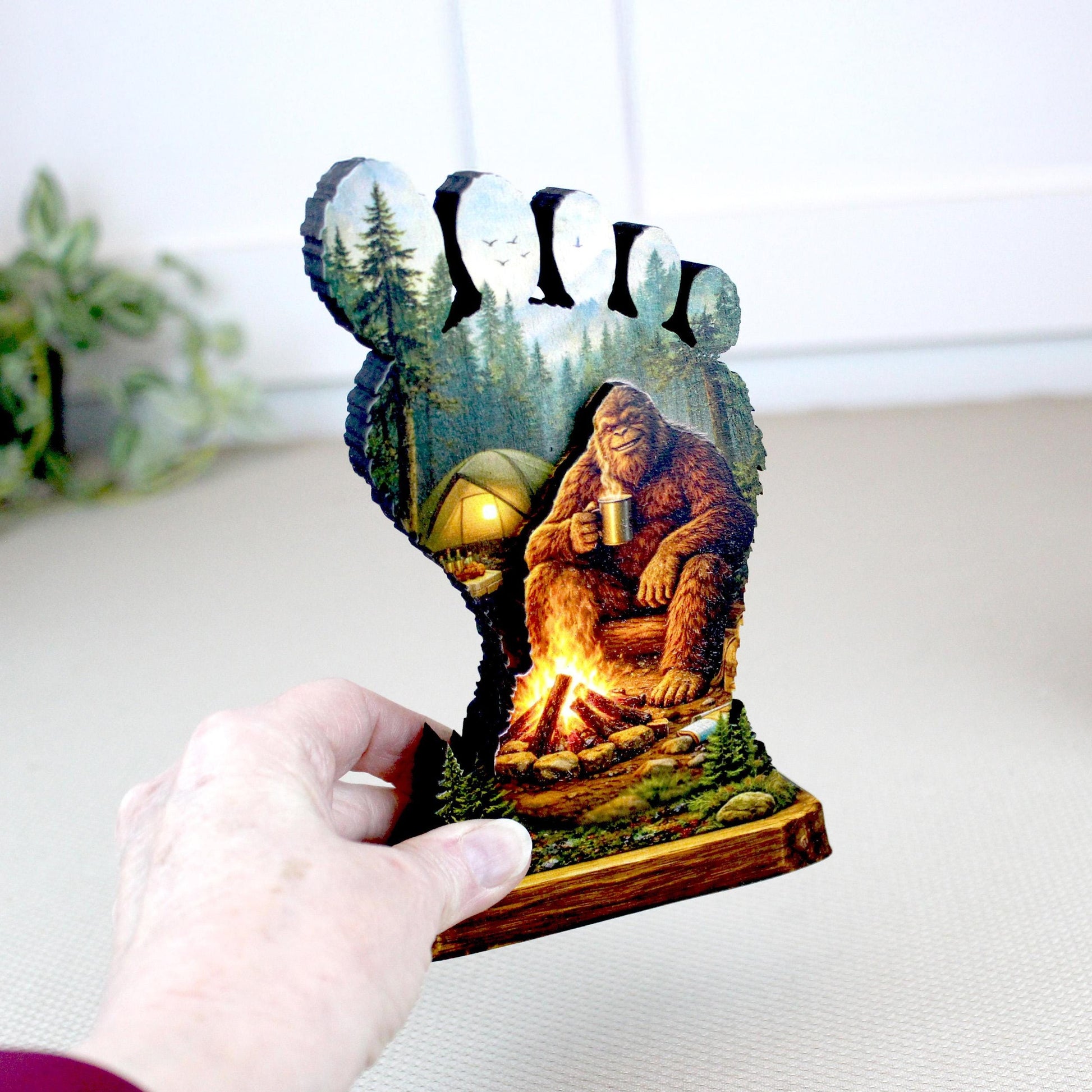Personalized Multi-Layer Bigfoot Campfire Shelf Sitter – Sasquatch Cabin Decor – Custom Name, Wooden Bigfoot Mantel & Tiered Tray Decor