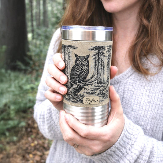 Owl Lover Engraved Travel Tumbler – 20 oz. Personalized Leatherette Wrap