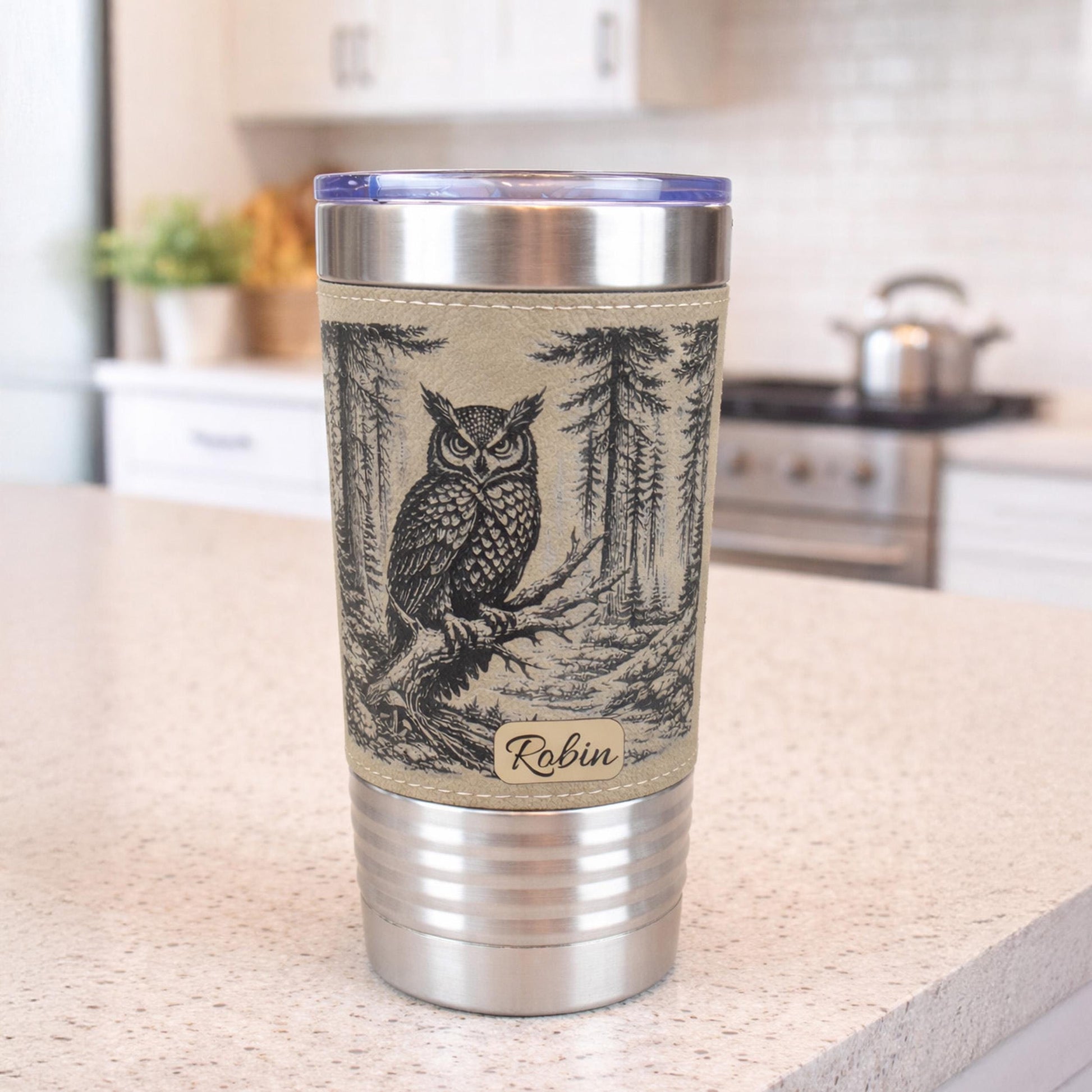 Owl Lover Engraved Travel Tumbler – 20 oz. Personalized Leatherette Wrap